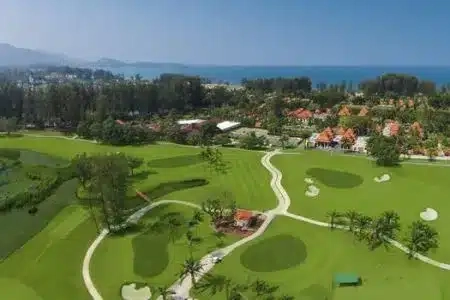 ein Golfplatz mit einem Weg und Bäumen